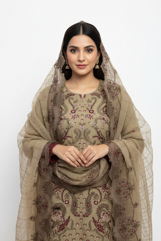 Beige Embroidered 3-Piece Suit