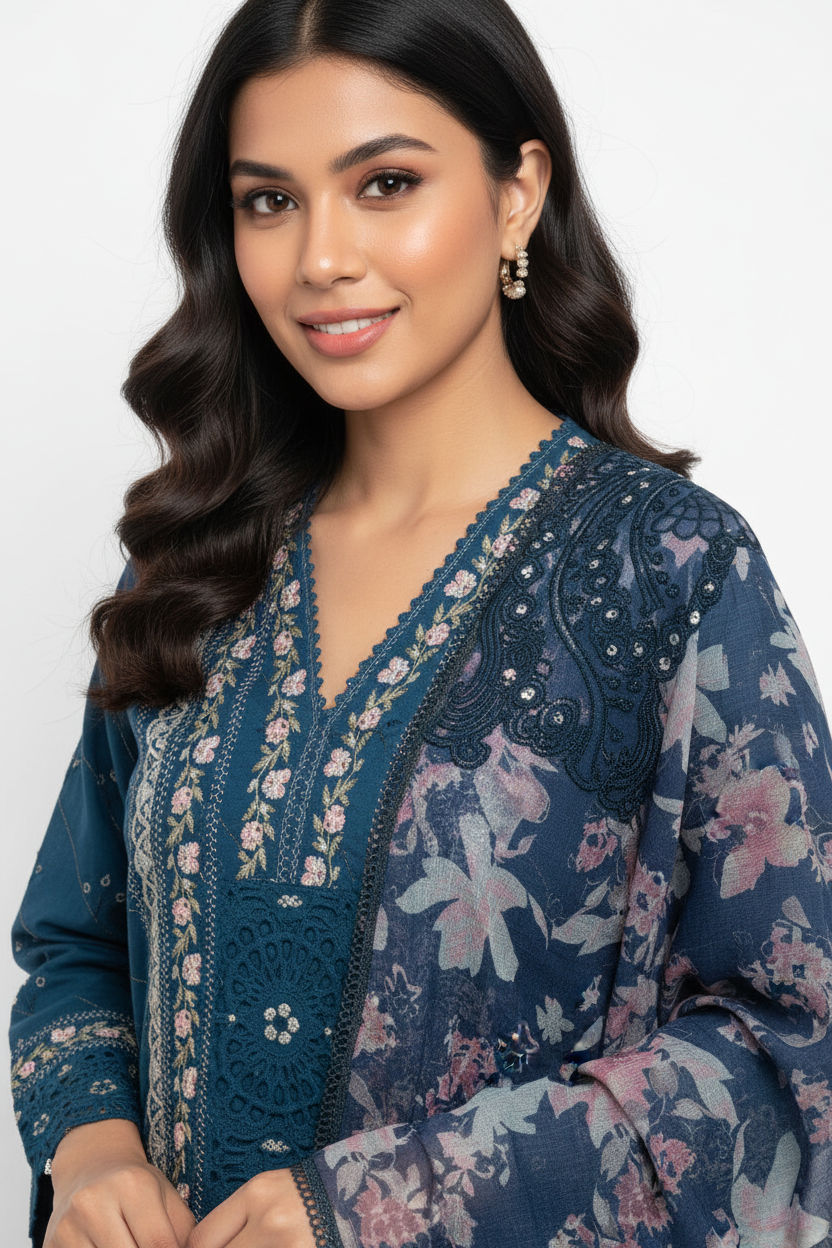 Teal Blue Cotton Printed Suit