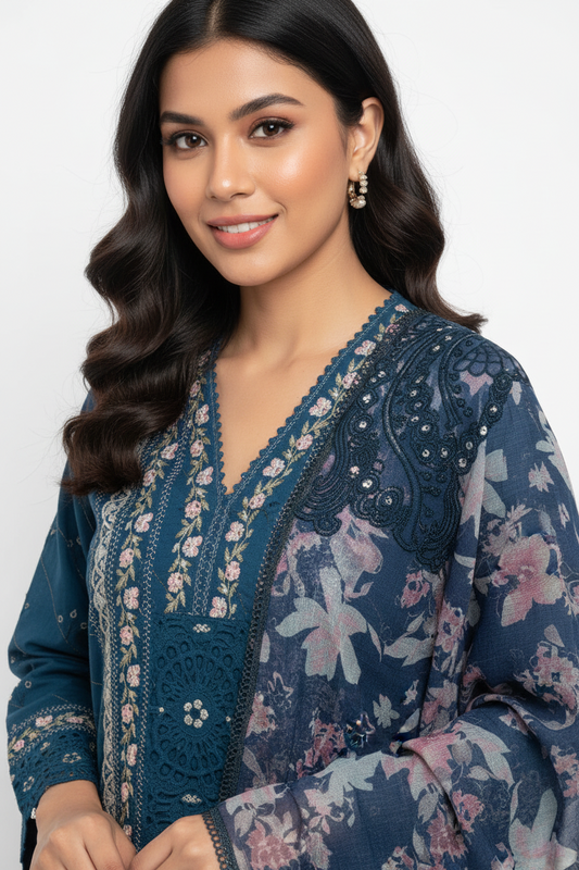 Teal Blue Cotton Printed Suit