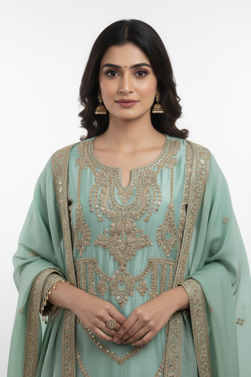 Sage Green Sharara Suit Set with Dupatta