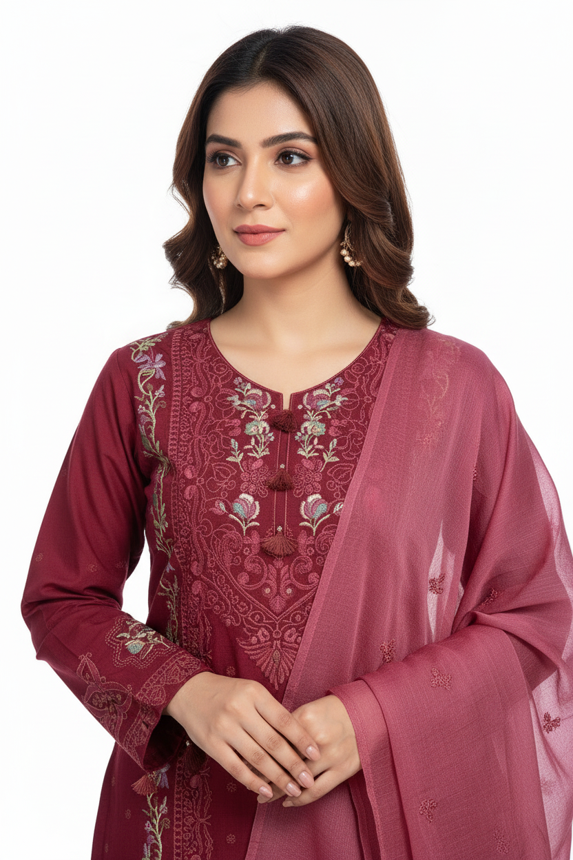 Elegant Wine Red Embroidered Suit Set with Chiffon Dupatta