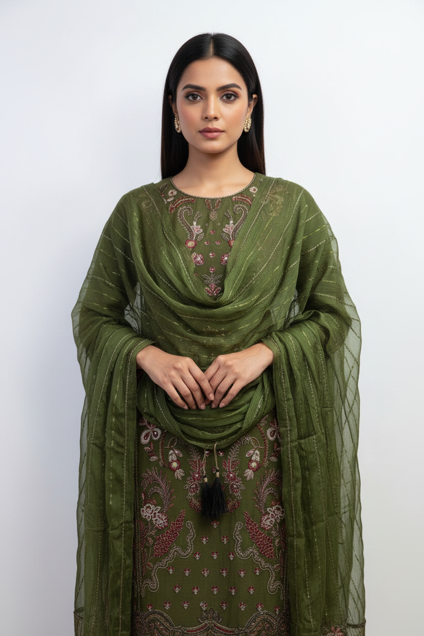 Olive Green Embroidered Suit