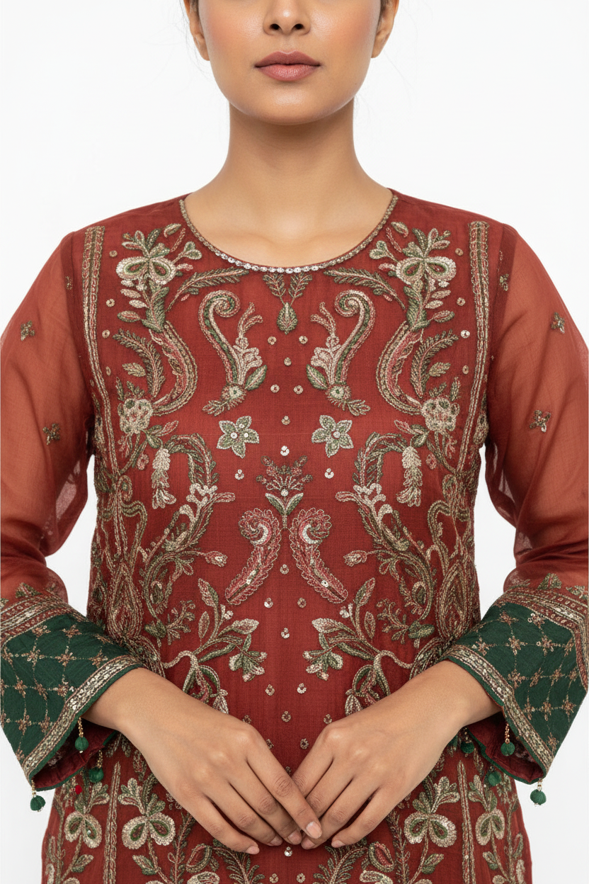 Rust Brown Embroidered 3-Piece Suit