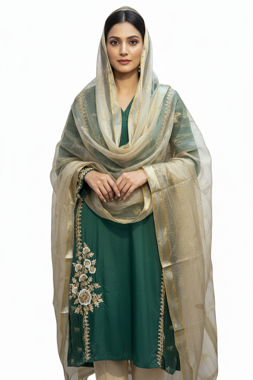 Elegant Teal Green Embroidered Suit Set with Organza Dupatta