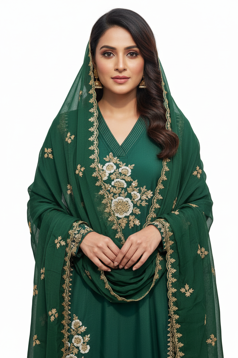 Royal Emerald Green Embroidered Suit Set with Dupatta for Women