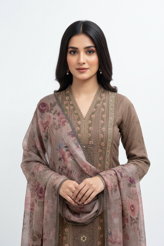 Mocha Brown Embroidered Cotton Suit