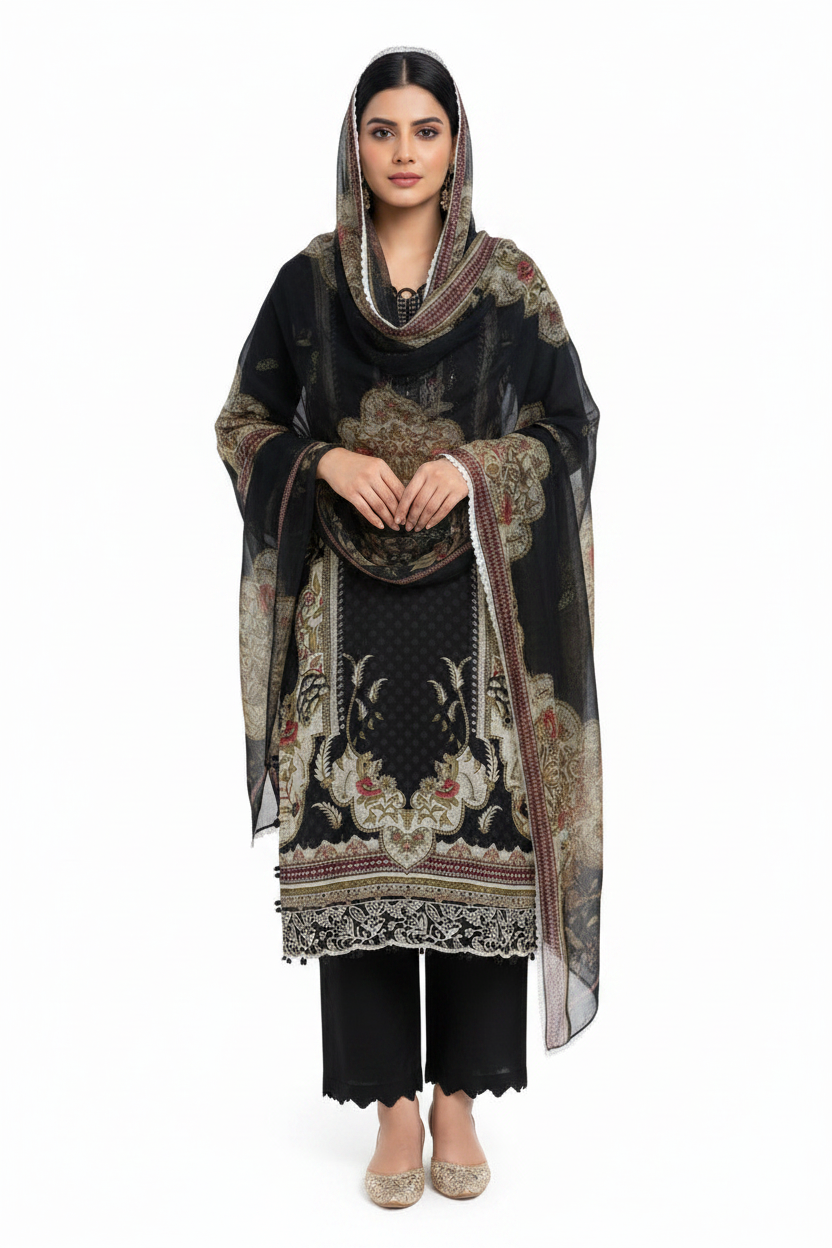 Black Embroidered 3-Piece Suit