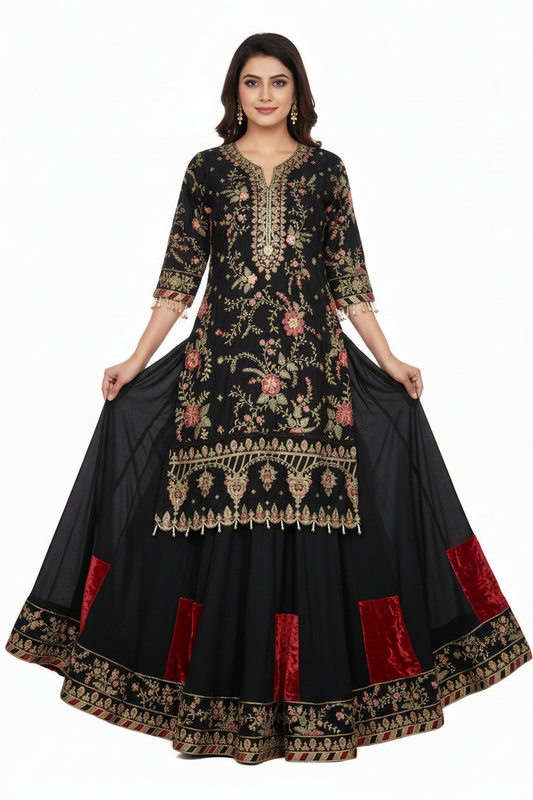 Elegant Black Embroidered Pakistani Style Suit Set with Flared Palazzo & Dupatta
