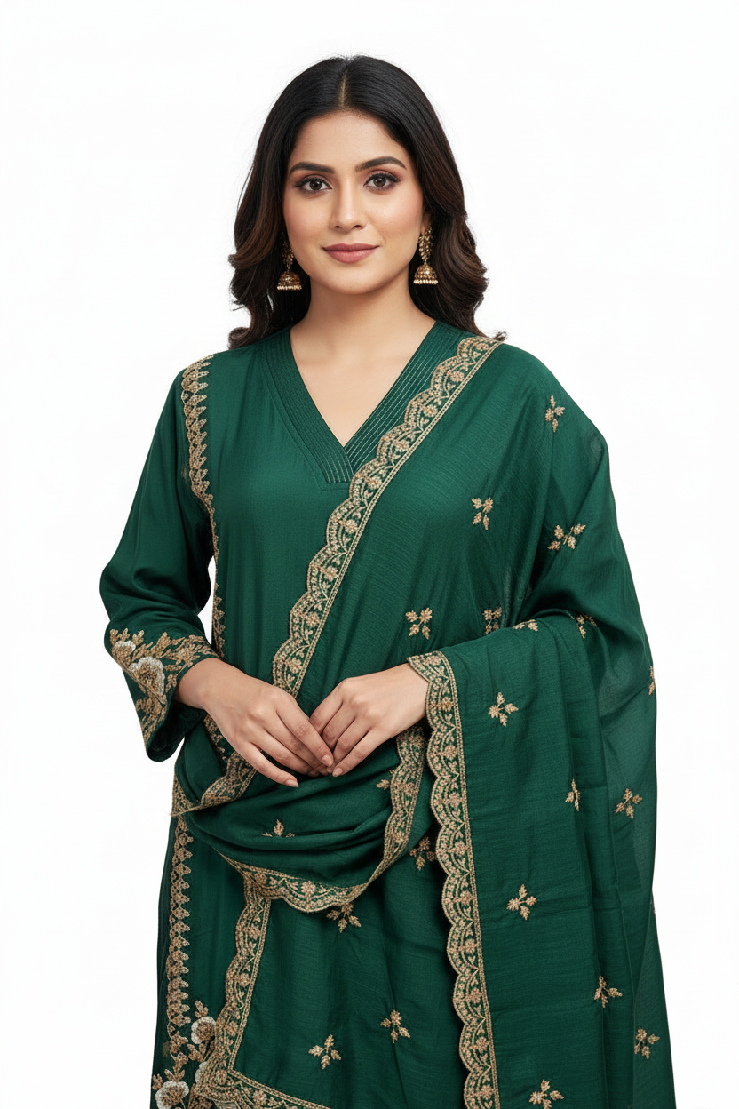 Emerald Green Embroidered Straight Kurta with Dupatta