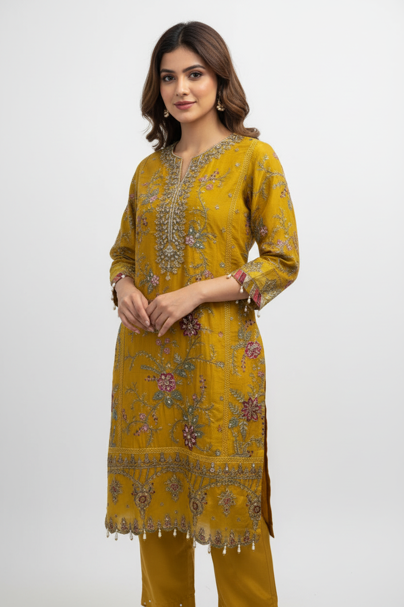Luxury Mustard Yellow Embroidered Suit Set for Women