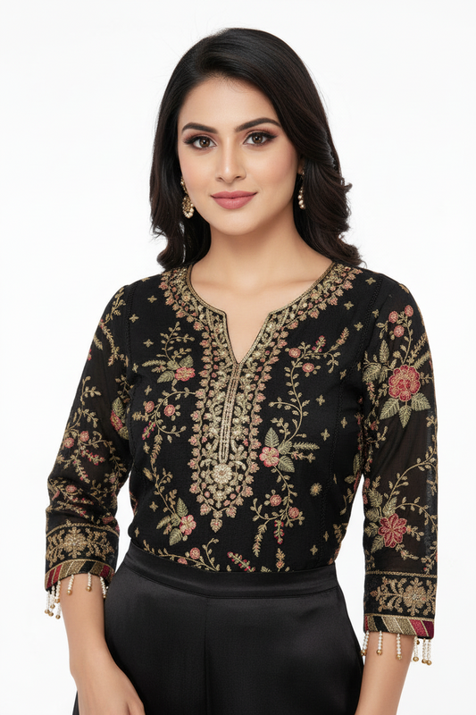 Elegant Black Embroidered Pakistani Style Suit Set with Flared Palazzo & Dupatta