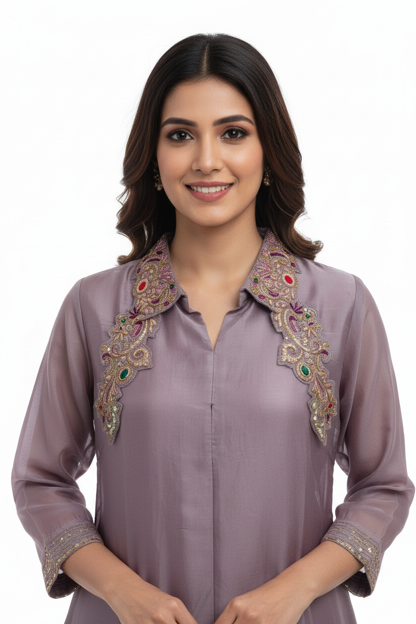 Mauve Embroidered Frock Suit with Cigarette Pants