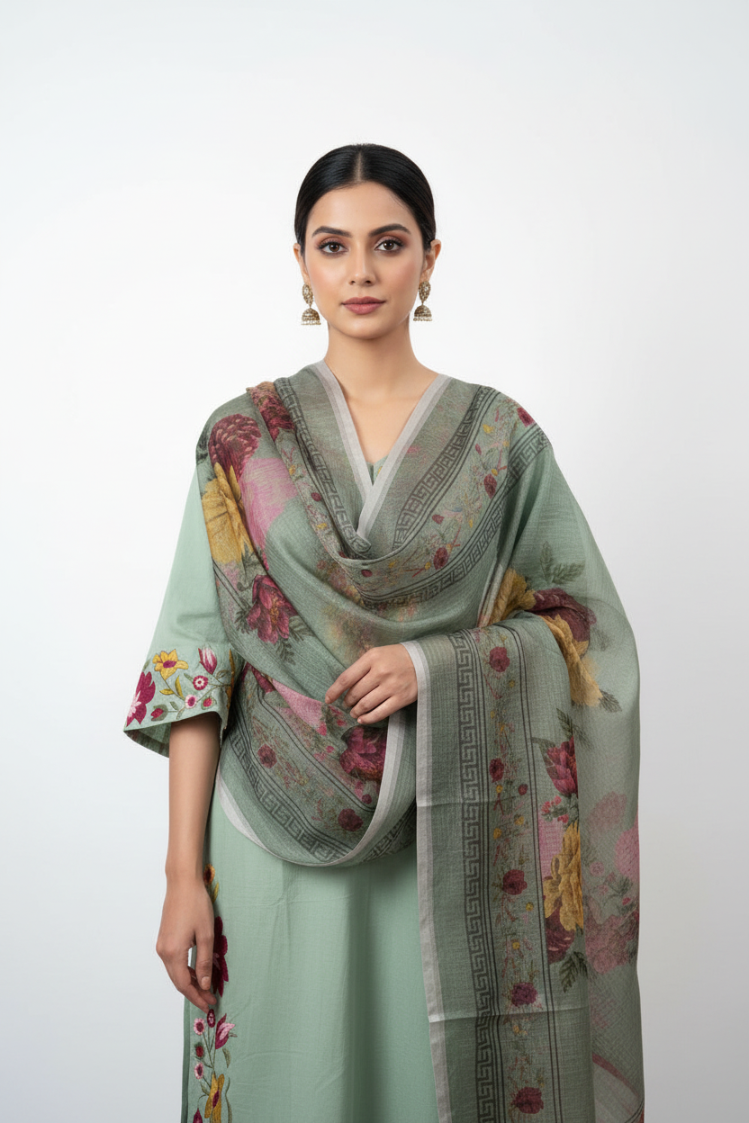 Sage Green Flowy Anarkali Suit with Dupatta