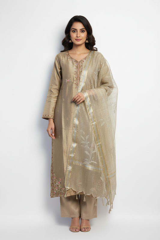 Beige Silk Blend Embroidered Kurta Palazzo Set with Organza Dupatta | Festive Ethnic Wear for Women