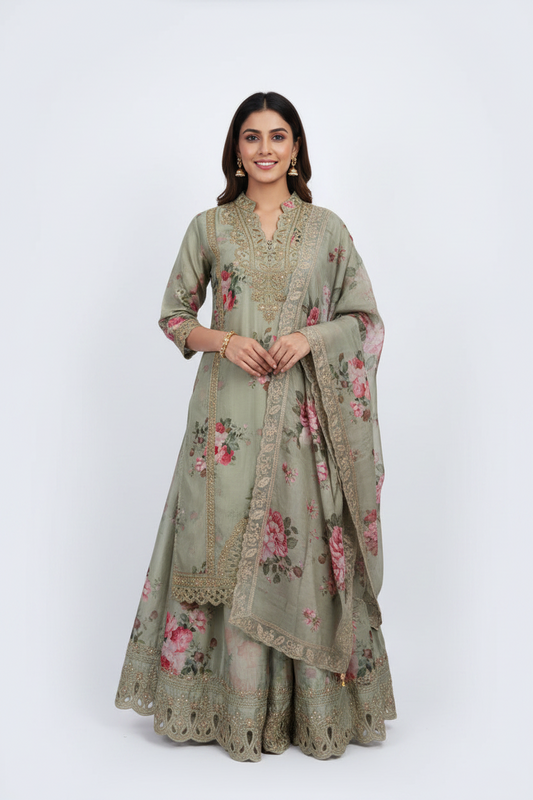 Elegant Sage Green Floral Printed Suit Set with Designer Dupatta