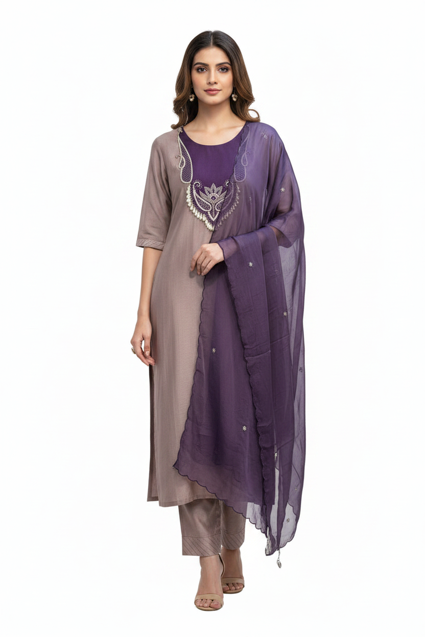 Elegant Mauve & Purple Embroidered Suit Set with Chiffon Dupatta