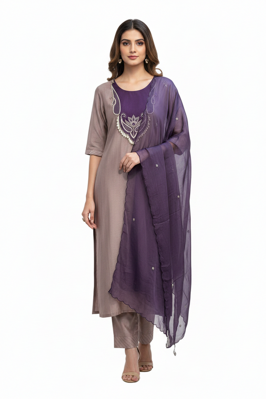 Elegant Mauve & Purple Embroidered Suit Set with Chiffon Dupatta