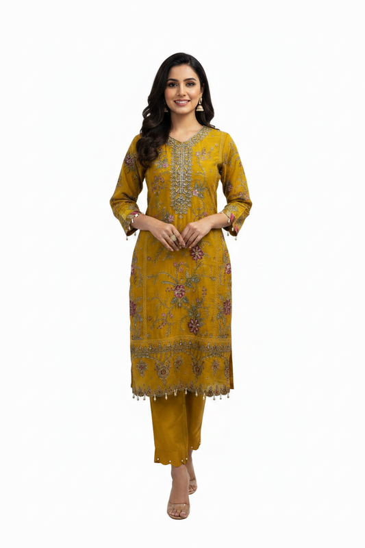 Luxury Mustard Yellow Embroidered Suit Set for Women