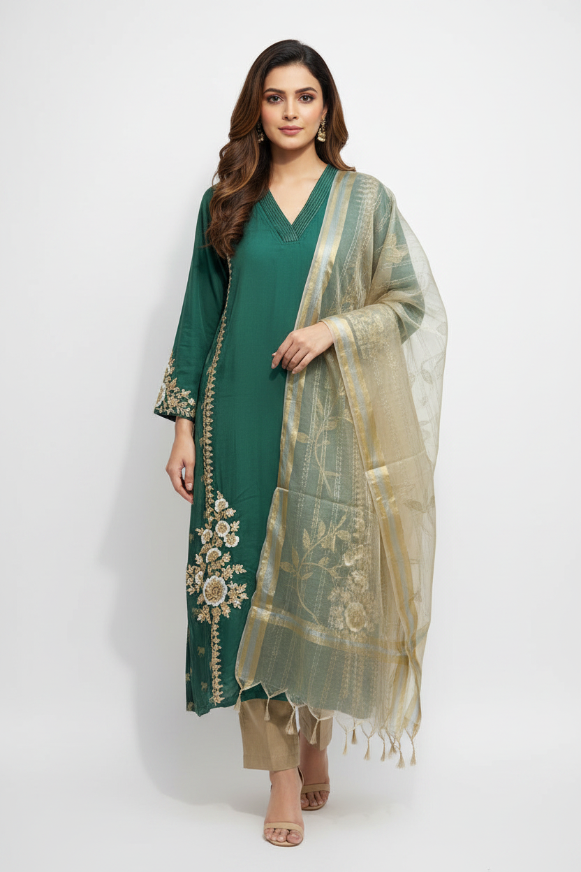 Elegant Teal Green Embroidered Suit Set with Organza Dupatta