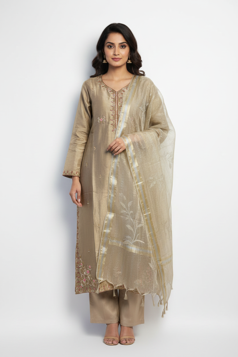 Elegant Taupe Beige Suit Set with Organza Dupatta for Women