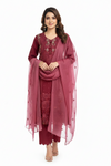 Elegant Wine Red Embroidered Suit Set with Chiffon Dupatta