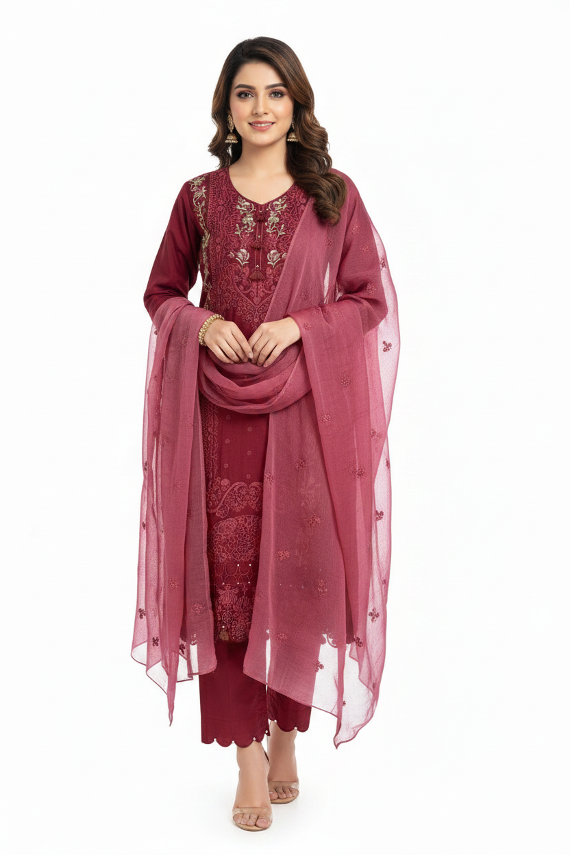 Elegant Wine Red Embroidered Suit Set with Chiffon Dupatta
