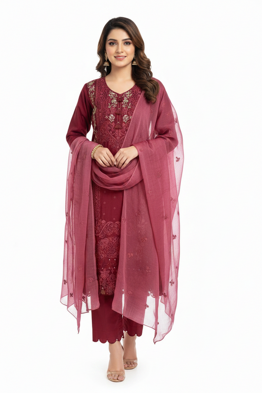 Elegant Wine Red Embroidered Suit Set with Chiffon Dupatta