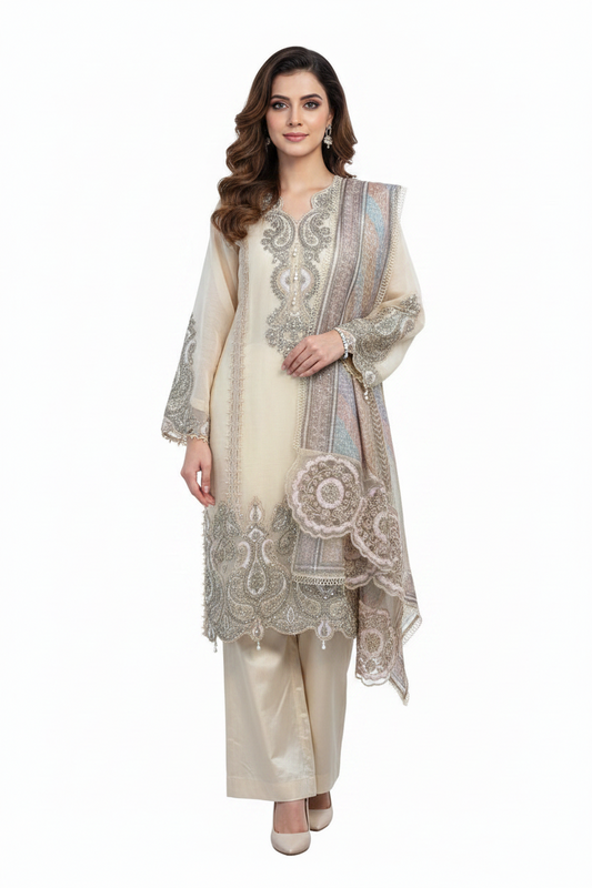 Elegant Ivory Embroidered Suit Set with Pastel Organza Dupatta