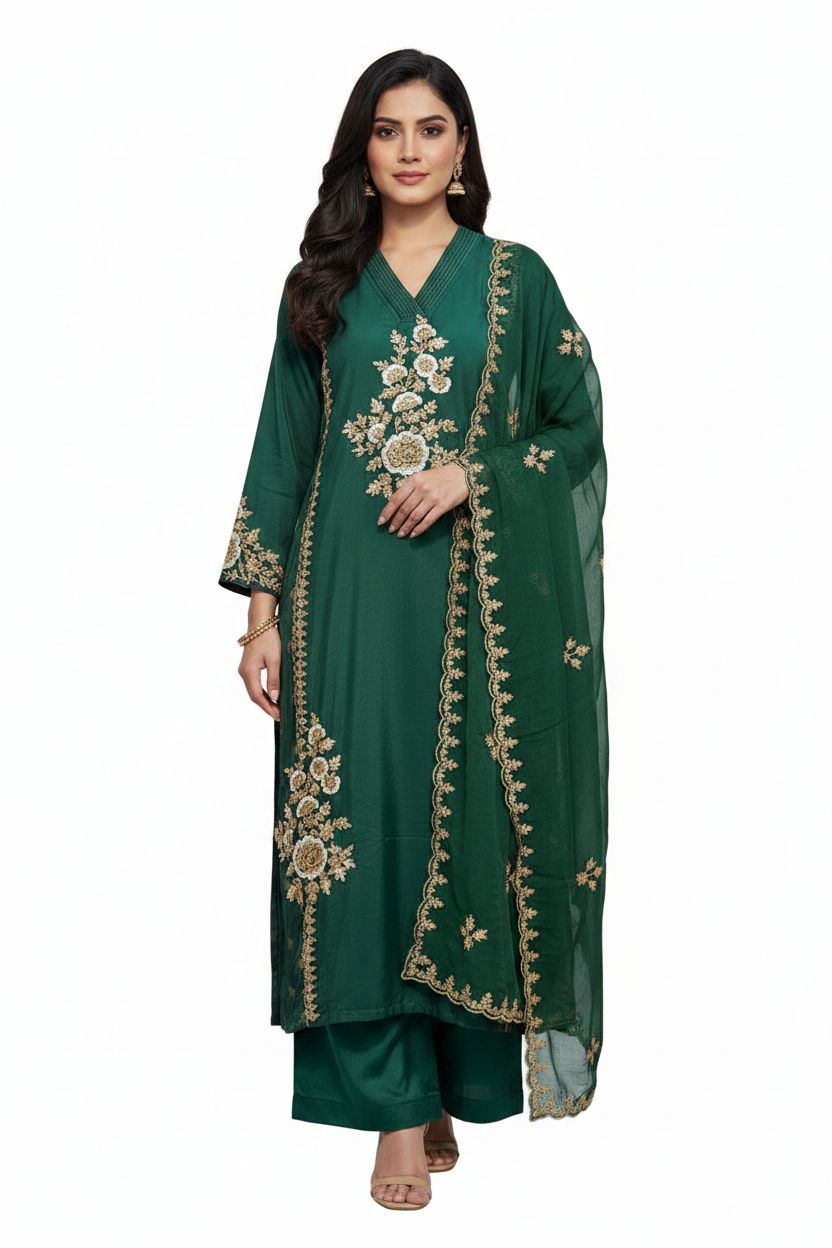 Royal Emerald Green Embroidered Suit Set with Dupatta for Women