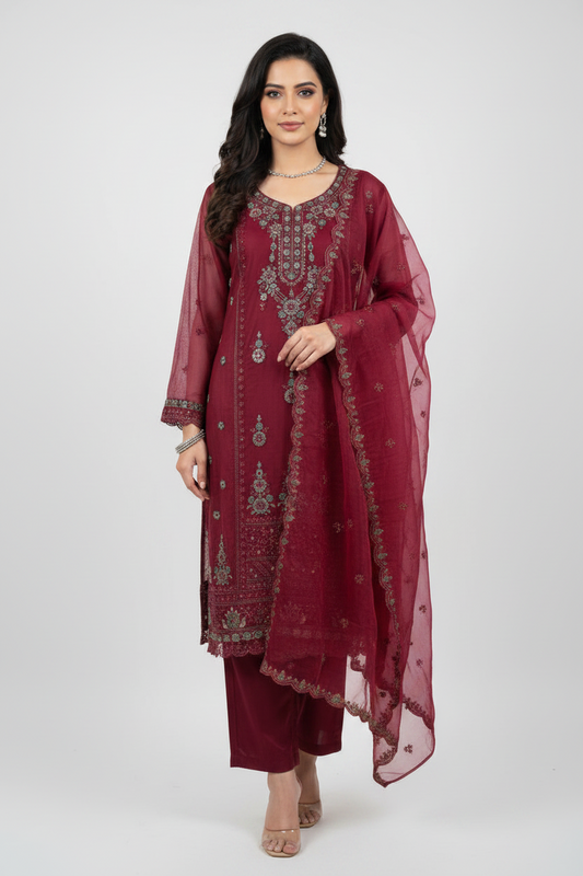 Maroon Organza Embroidered Suit