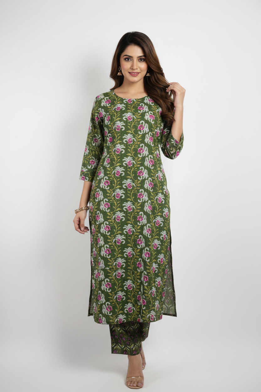 Olive Green Floral Printed Cotton Co-ord Set