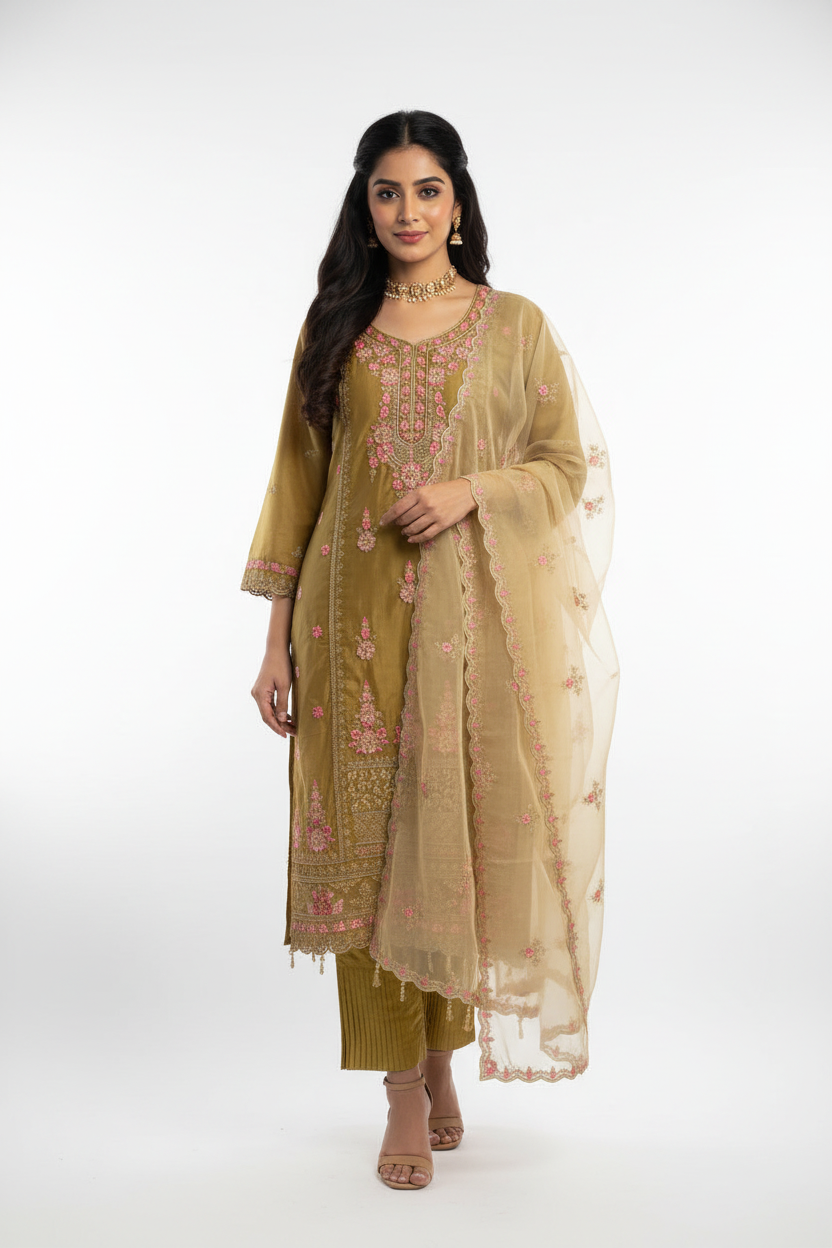 Olive Gold Organza Embroidered Suit