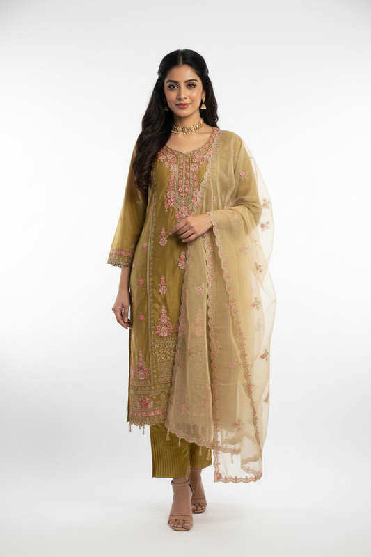 Olive Gold Organza Embroidered Suit