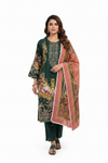 Dark Green Floral Printed Suit with Peach Dupatta
