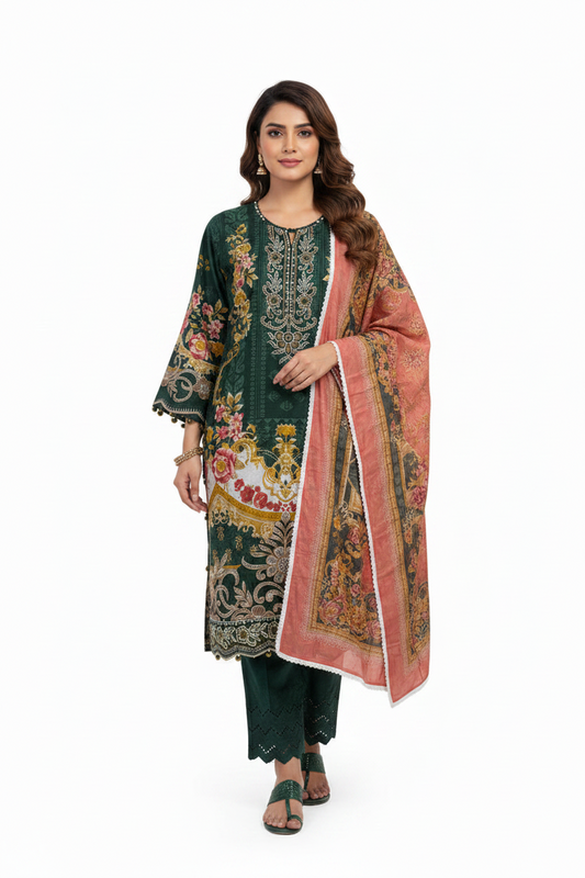 Dark Green Floral Printed Suit with Peach Dupatta