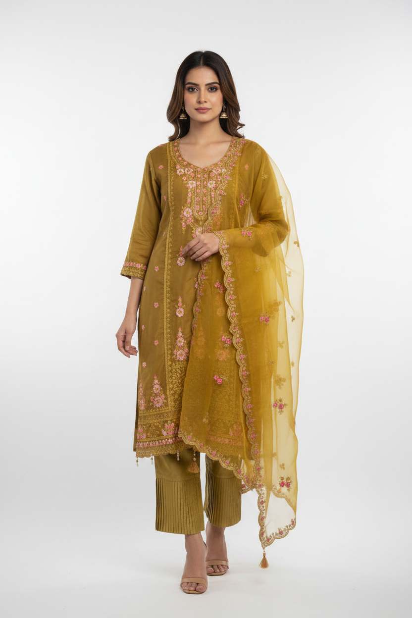 Mustard Yellow Organza Embroidered Suit