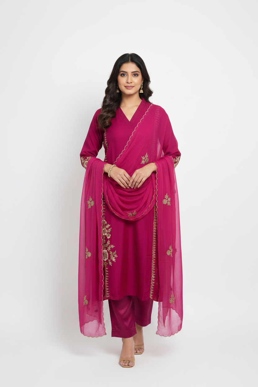 Magenta Pink Straight Kurta Pant Set with Dupatta