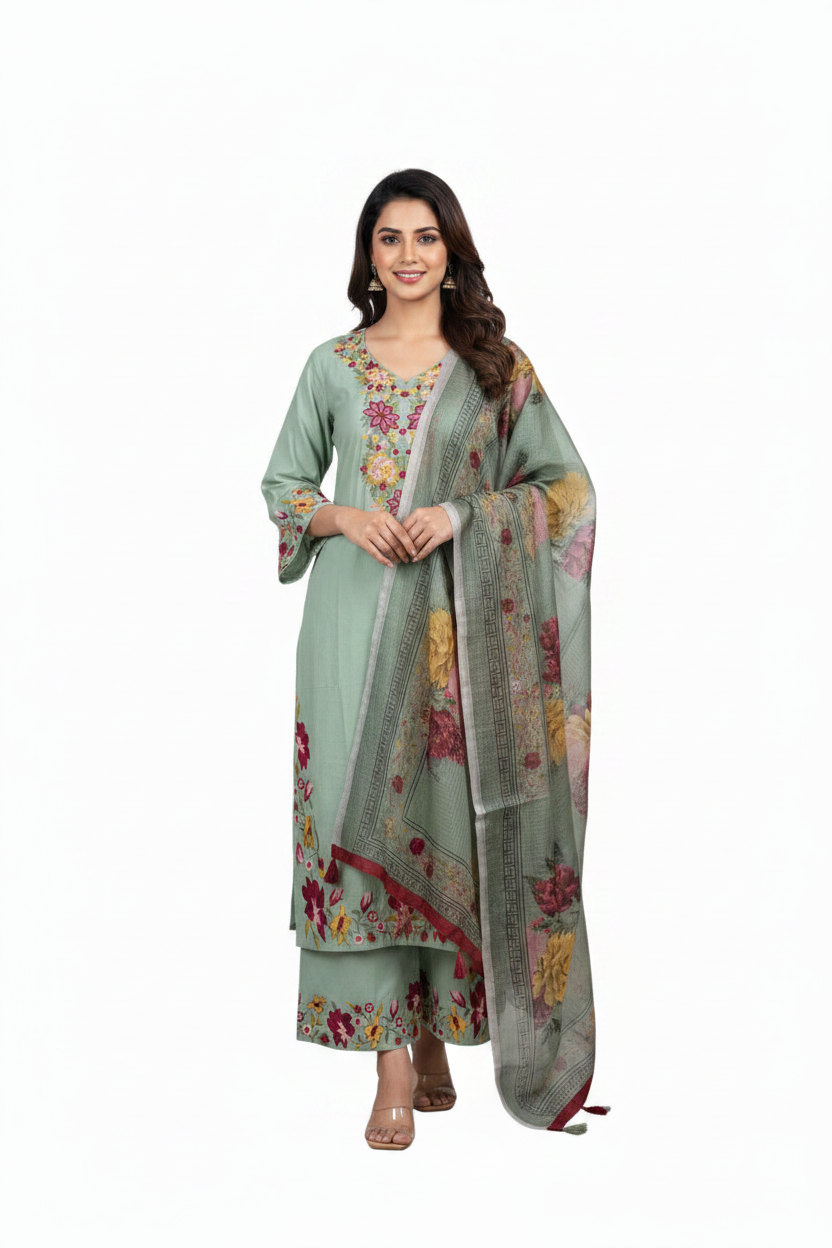 Sage Green Flowy Anarkali Suit with Dupatta