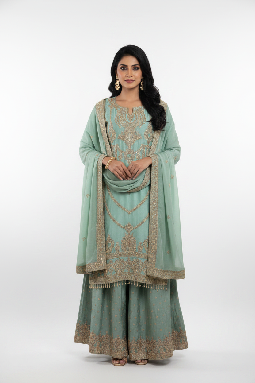 Sage Green Sharara Suit Set with Dupatta