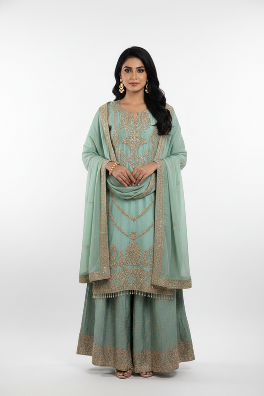 Sage Green Sharara Suit Set with Dupatta