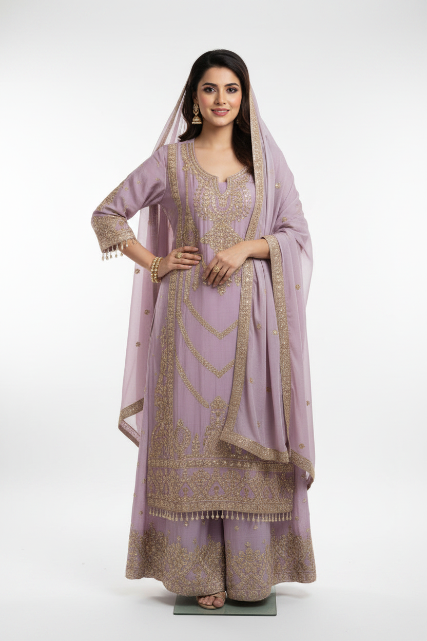 Mauve Taupe Palazzo Suit Set with Dupatta
