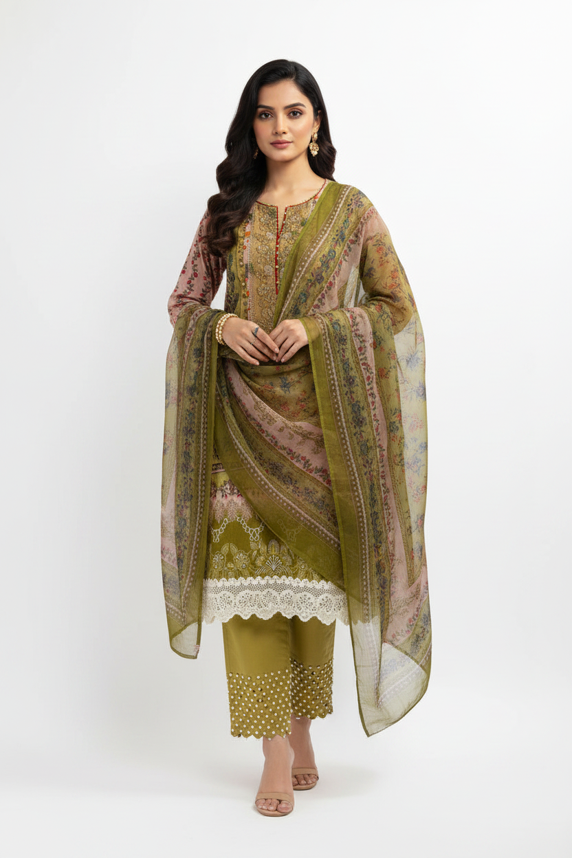 Olive Green Embroidered 3-Piece Suit
