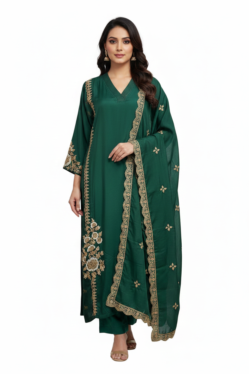 Emerald Green Embroidered Straight Kurta with Dupatta