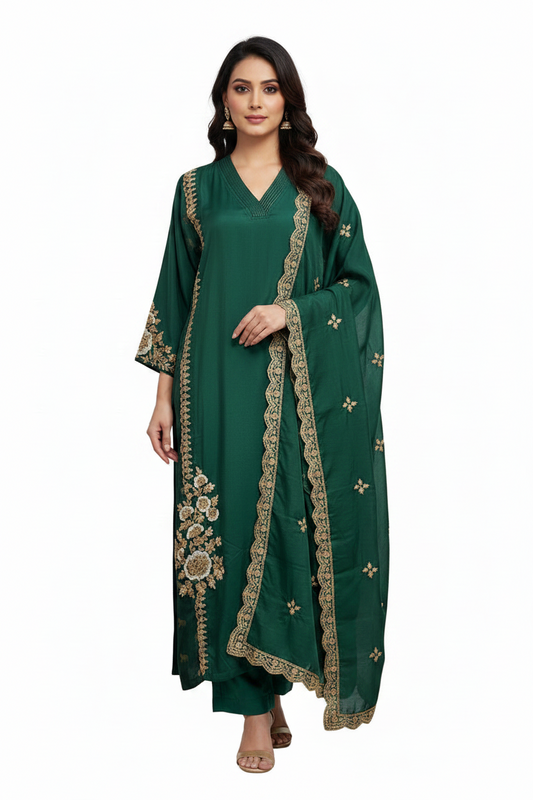 Emerald Green Embroidered Straight Kurta with Dupatta