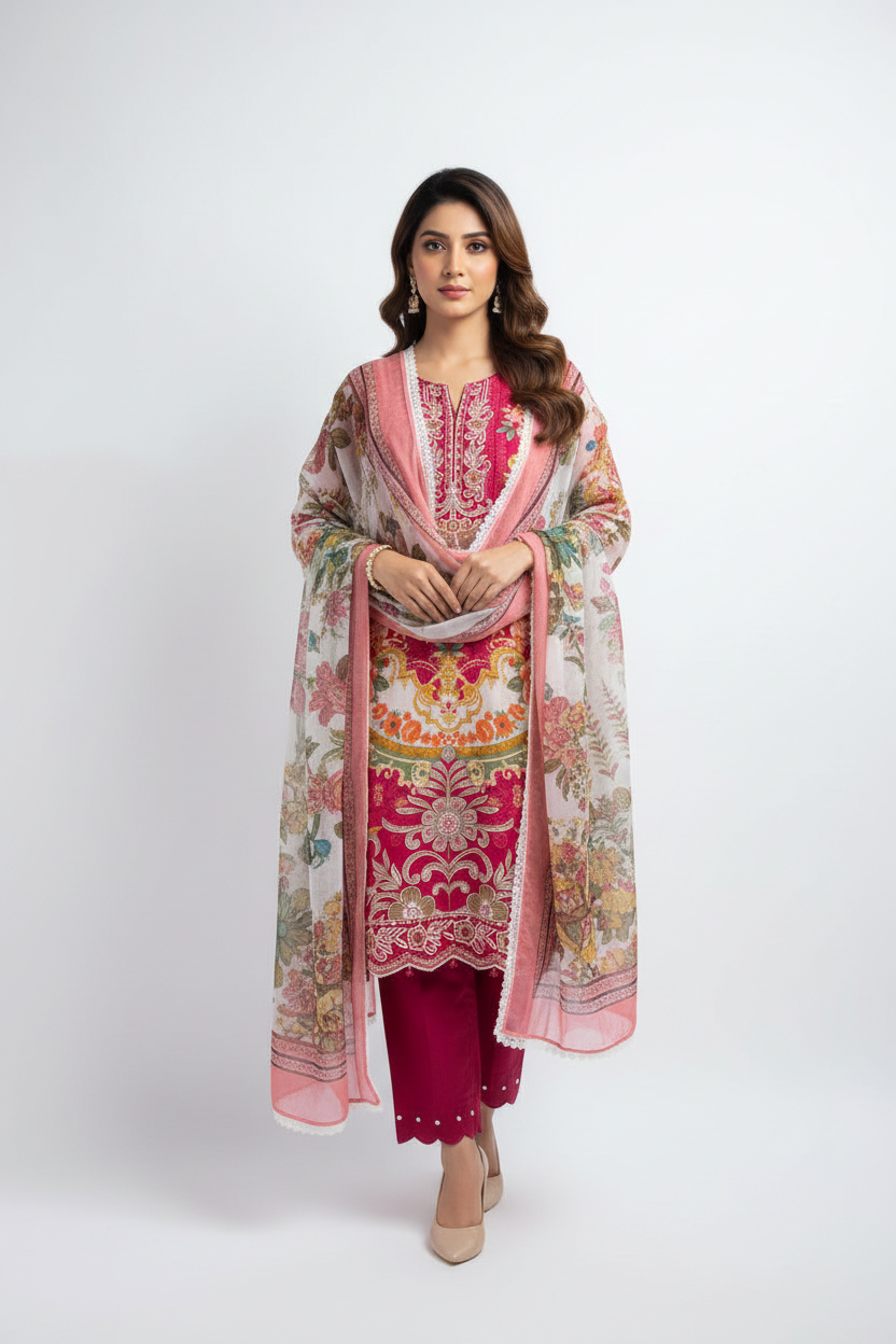 Pink Floral Printed 3-Piece Suit