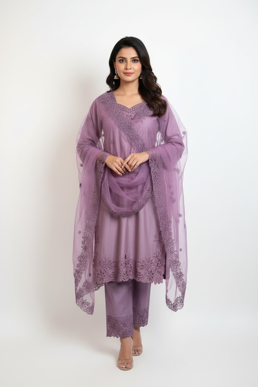 Lavender Purple Embroidered Suit Set with Dupatta