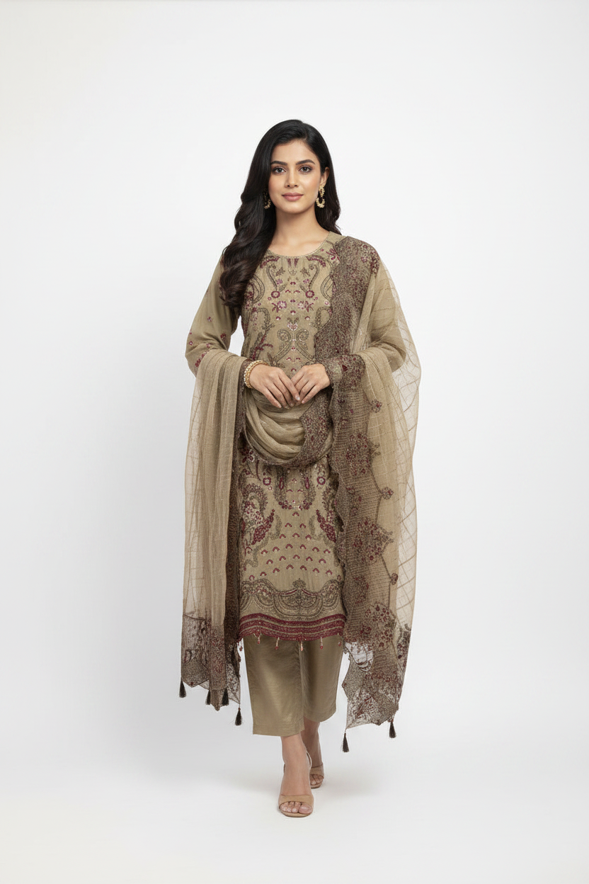 Beige Embroidered 3-Piece Suit