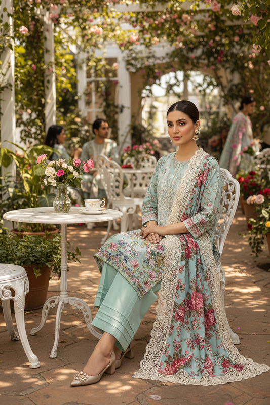 Mint Green Floral Embroidered Suit Set