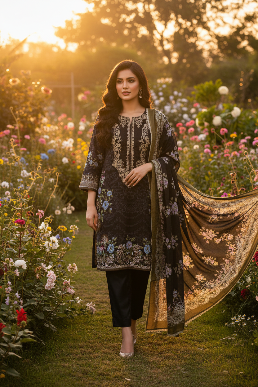 Black Floral Embroidered Suit Set