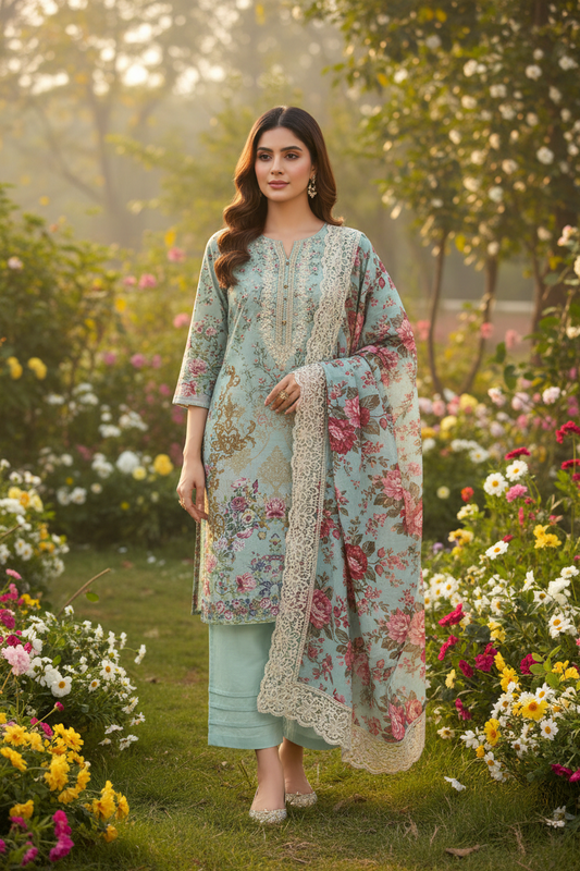 Mint Green Floral Embroidered Suit Set